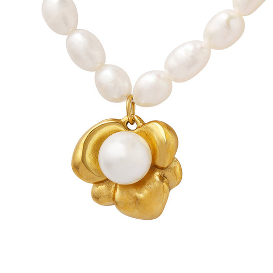 Luxurious Pearl Chain Necklace with Irregular Inlaid Pendant