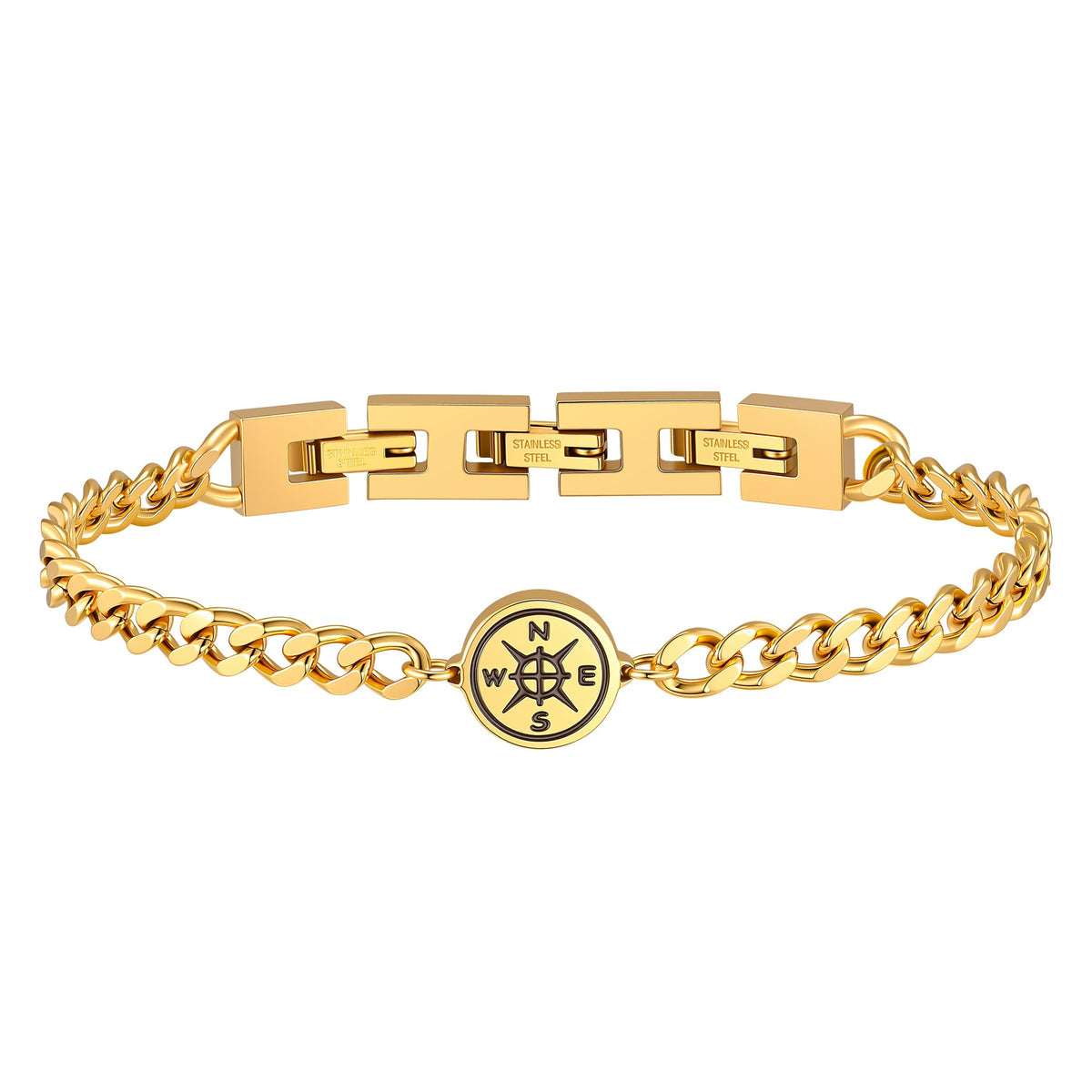Cuban Chain Compass Gold-Plated Stainless Steel Bracelet for Men