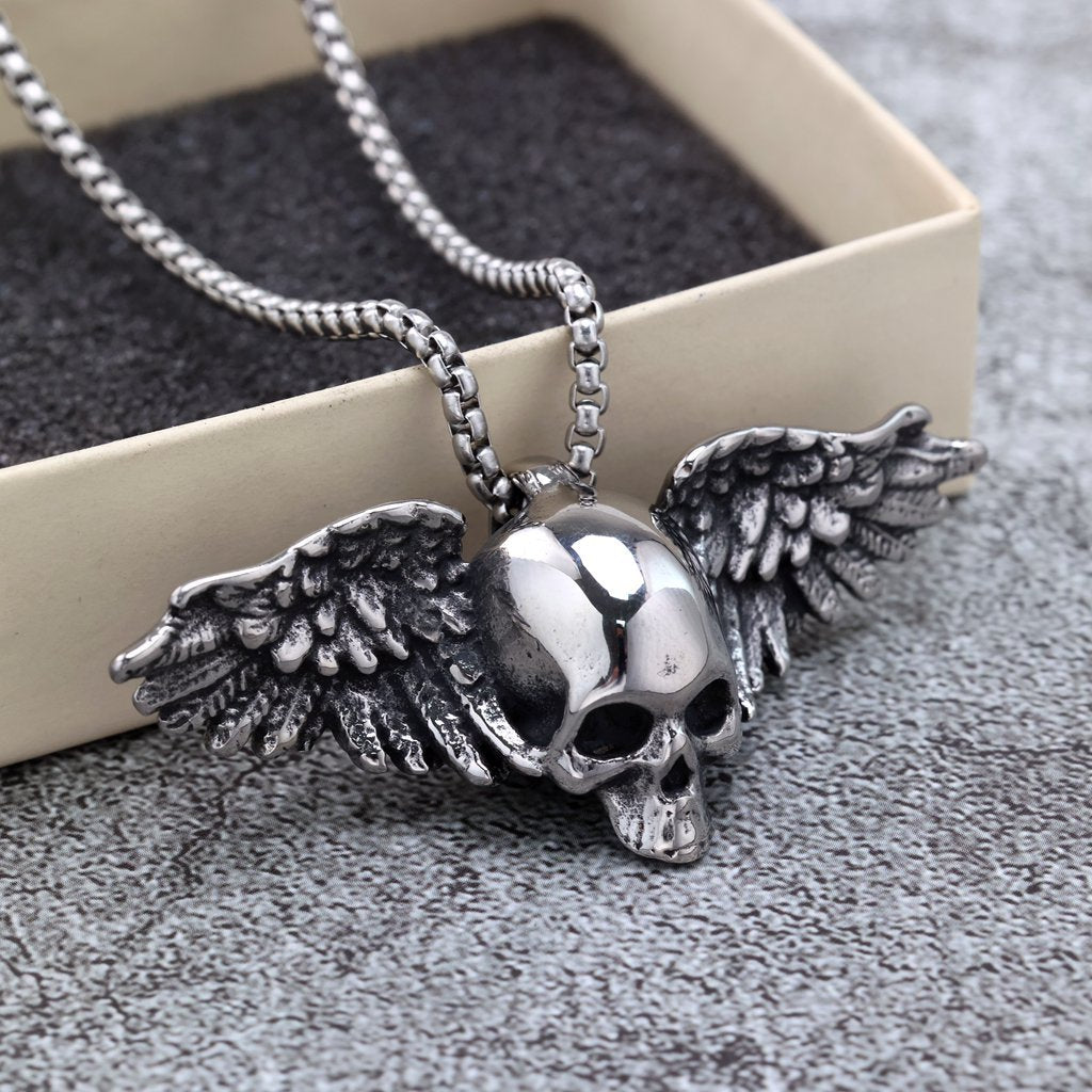 Planderful Unisex 3D Skull Wing Pendant Necklace in Retro Stainless Steel Everyday Genie Edition