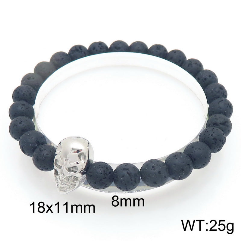 Planderful Men Skull Beaded Elastic Bracelet Volcanic Stone