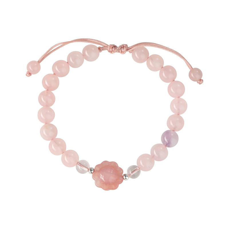 Pink Crystal Sunflower Bracelet with Red Handwoven Rope