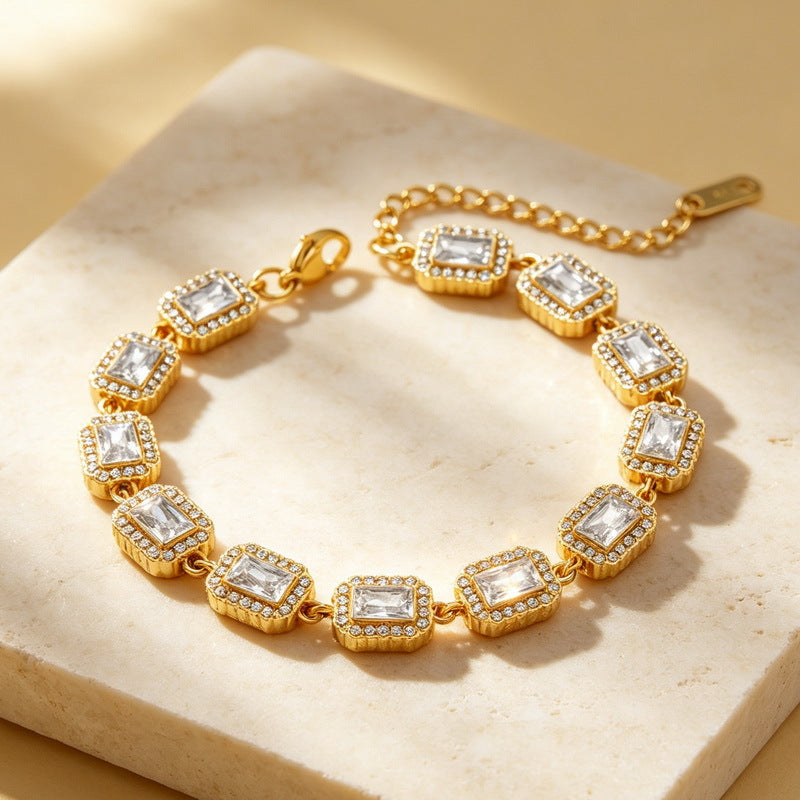 Color Surrounding Square Zircon Stainless Steel Bracelet Palace Style Adjustable