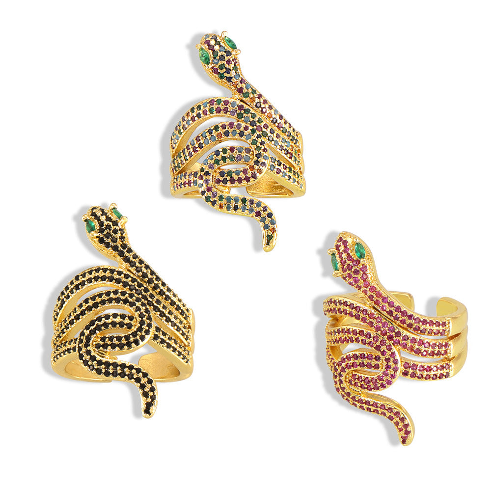 Snake Charm Copper Ring with Colored Zircon - Hip-Hop Style Open Index Finger Design