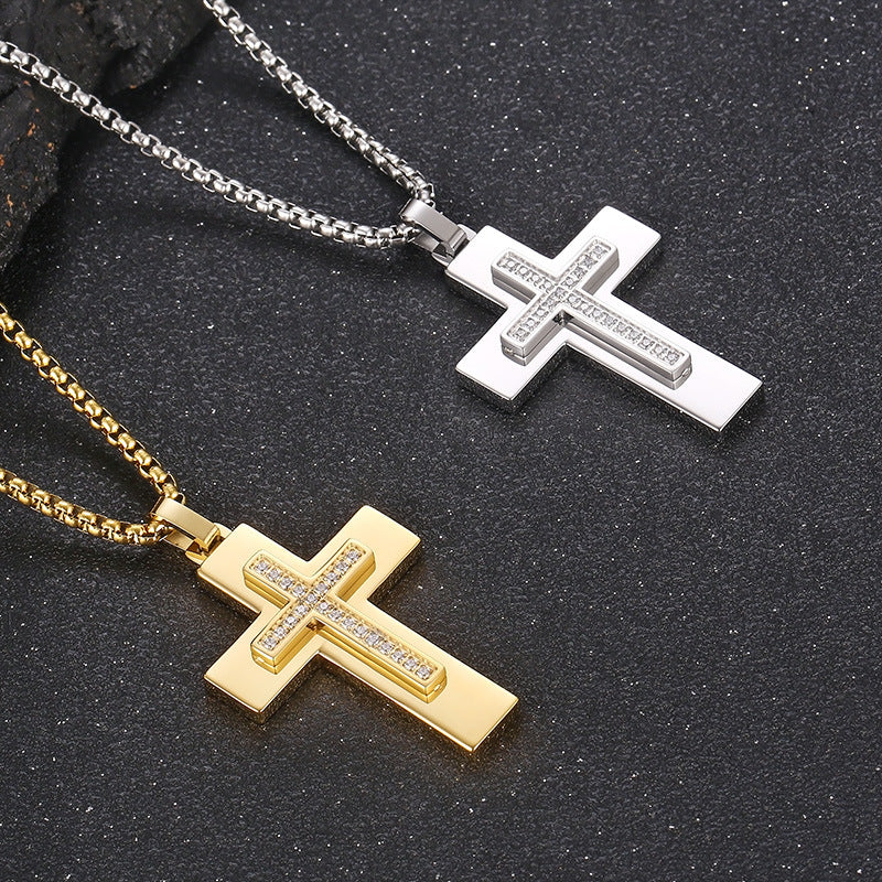 Popular, Cnc Zircon Double-Layer Cross Square Pearl Men's Stainless Steel Necklace
