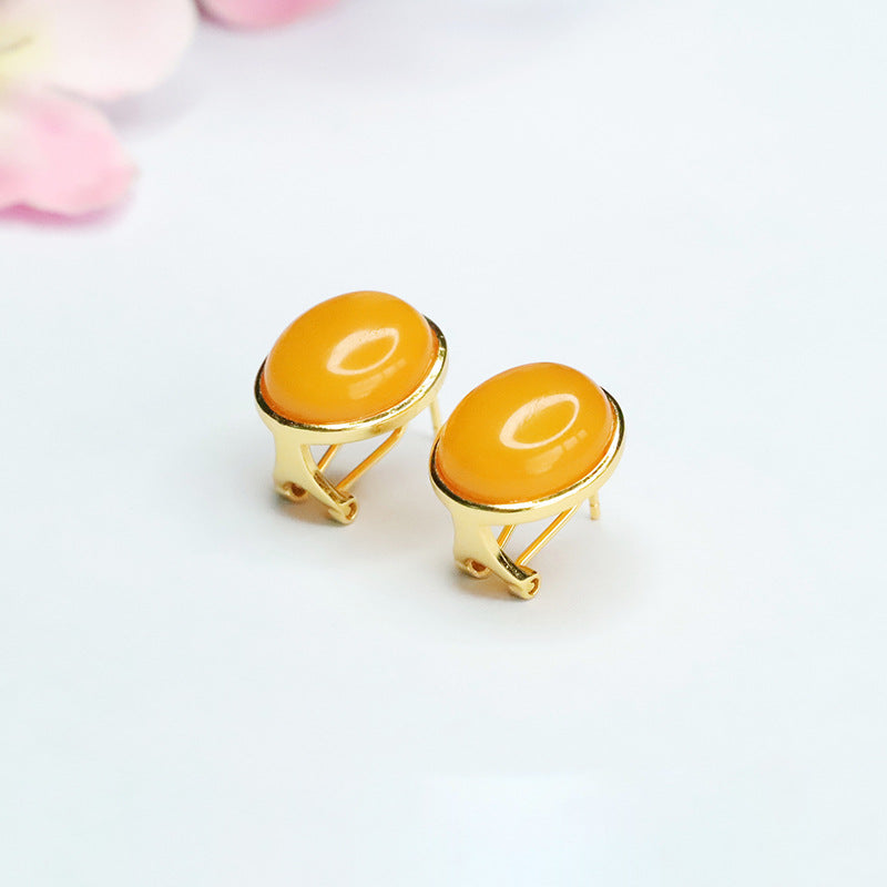 925 Sterling Silver Beeswax Amber Cabochon Stud Earrings