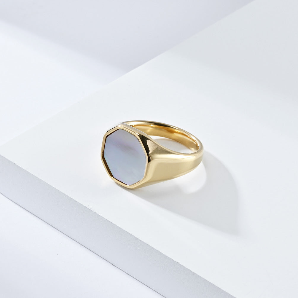 Planderful Unisex Titanium Steel Inlaid Shell Ring Geometric Design For Men And Women