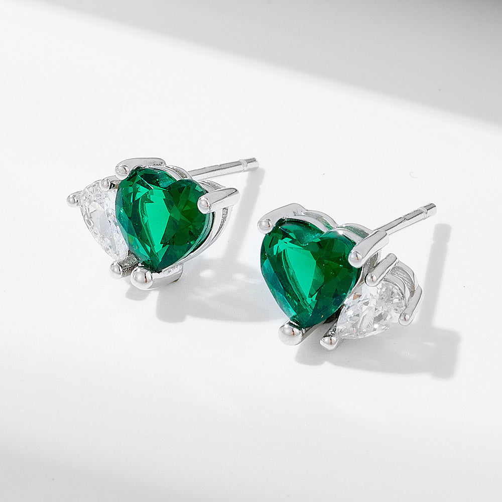 Emerald Heart-Shaped Zircon Sterling Silver Stud Earrings