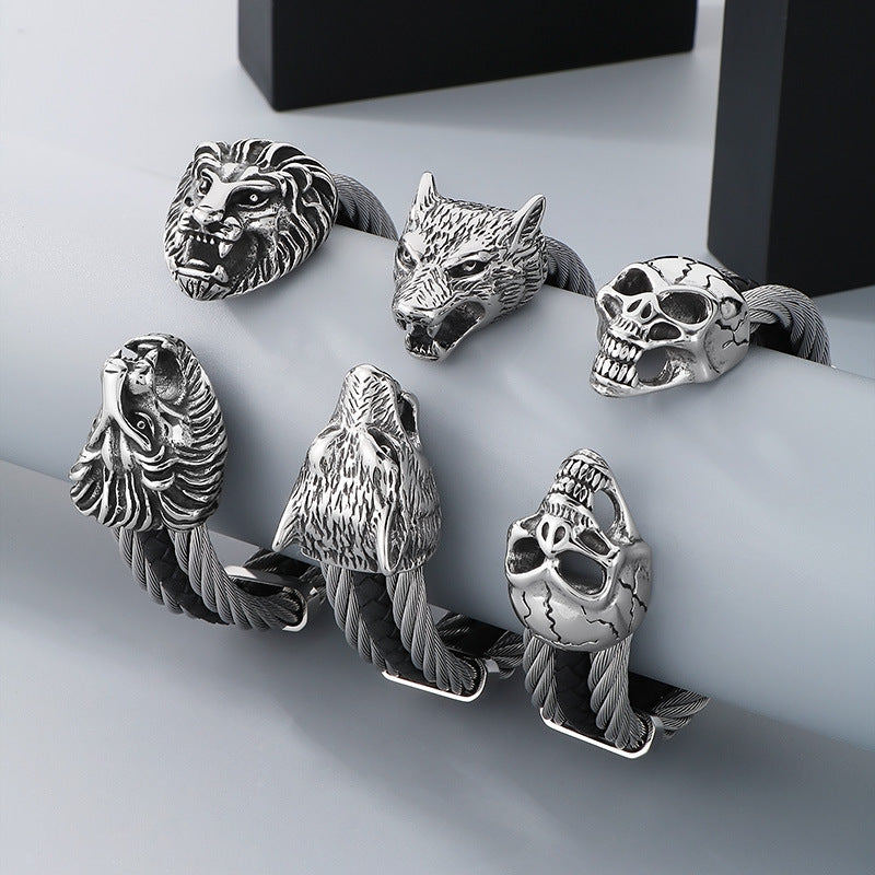 Planderful Mens Skull Wolf Head Steel Leather Bracelet