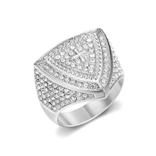 Planderful Hip Hop Ring For Men Stainless Steel Gold Plated Rhinestone Triangular Cross