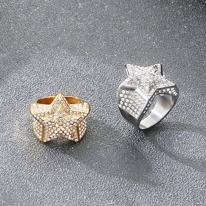 Luxury Zircon Star Ring, Hip-Hop Rock Full Of Zircon Three-Dimensional Five-Pointed Star Stainless