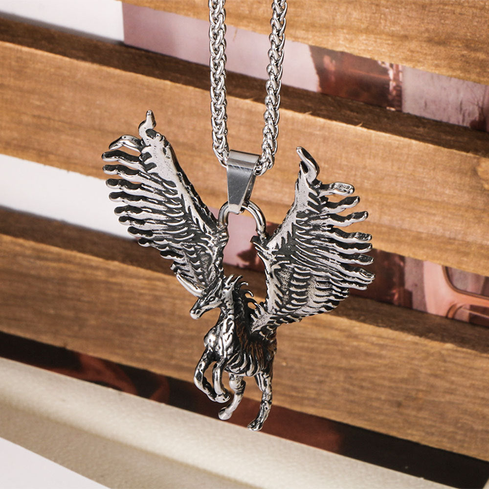 Tianma Men's Stainless Steel Necklace Pendant – Locomotive Hip-Hop Unicorn Wing