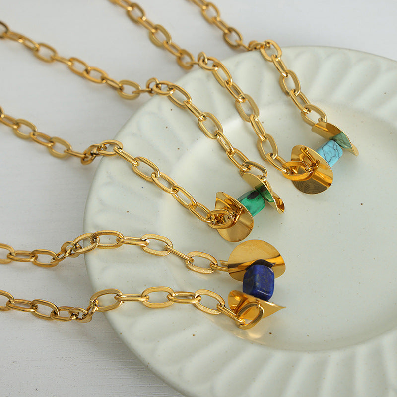 Elegant Turquoise Stone Pendant Necklace with Light Luxury Gold Finish for Women