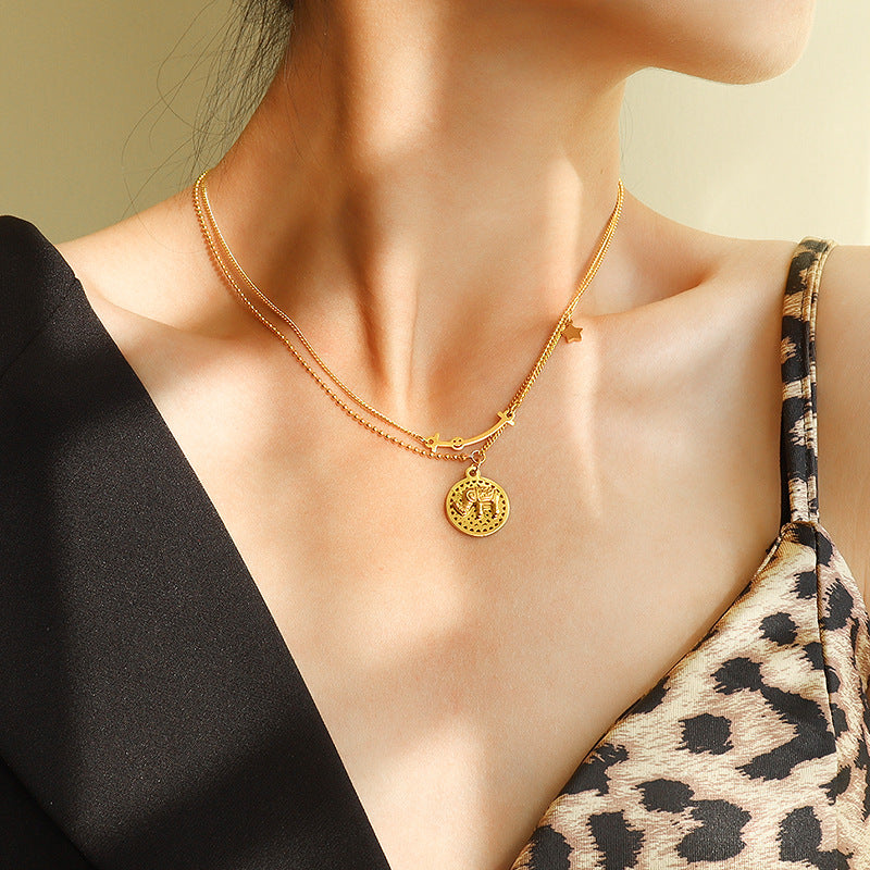 Mood-Boosting Titanium Elephant Pendant Necklace with Double Layered Chain