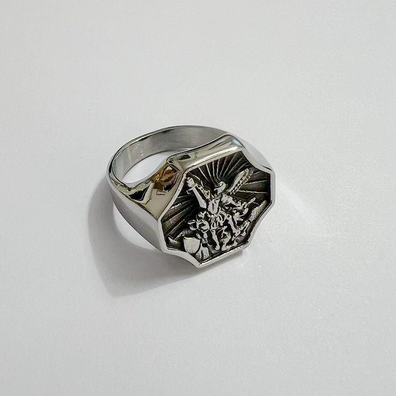 Planderful Saint Michael Ring For Men Titanium Steel Archangel Design Durable Everyday Genie