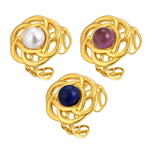 Stainless Steel Flower Imitation Pearl Opening Ring 18k Gold – Titanium Steel