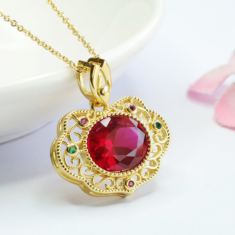 Lab-Grown Ruby Faceted Ruyi Pendant — No Chain