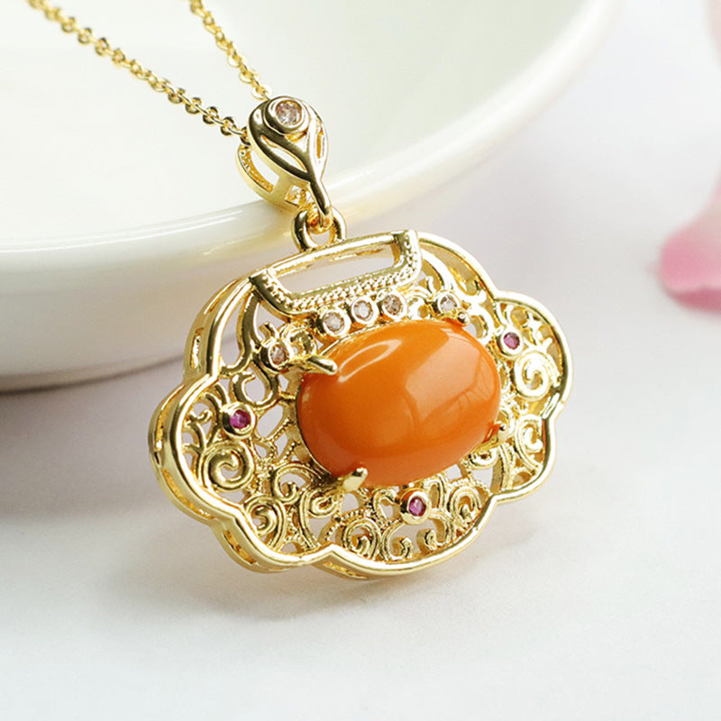 Golden Ruyi Beeswax Amber Pendant in Sterling Silver