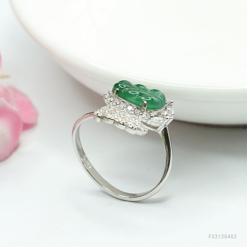 Icy Green Jadeite Leaf 925 Silver Ring