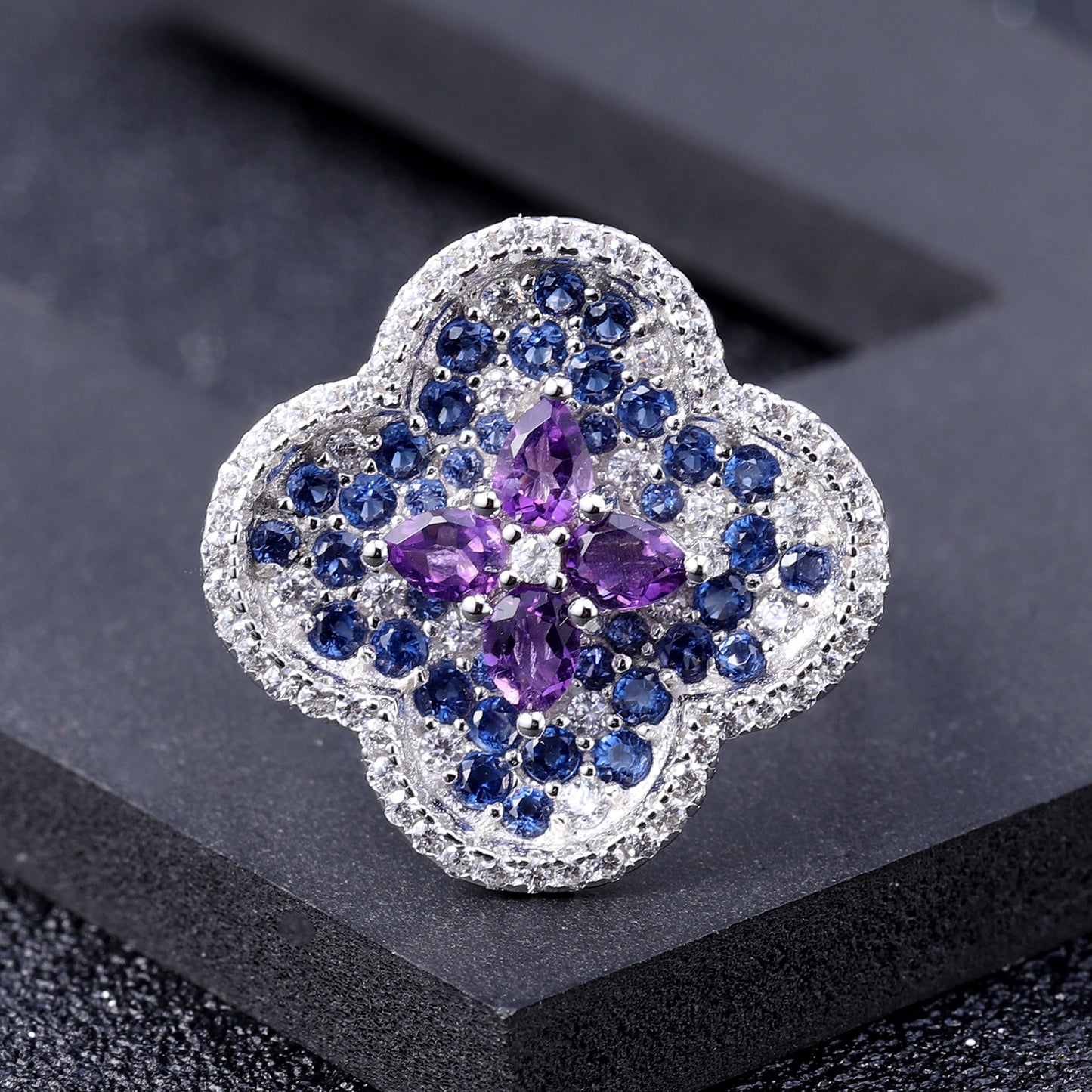 Flourishing Flower Natural Amethyst Silver Ring