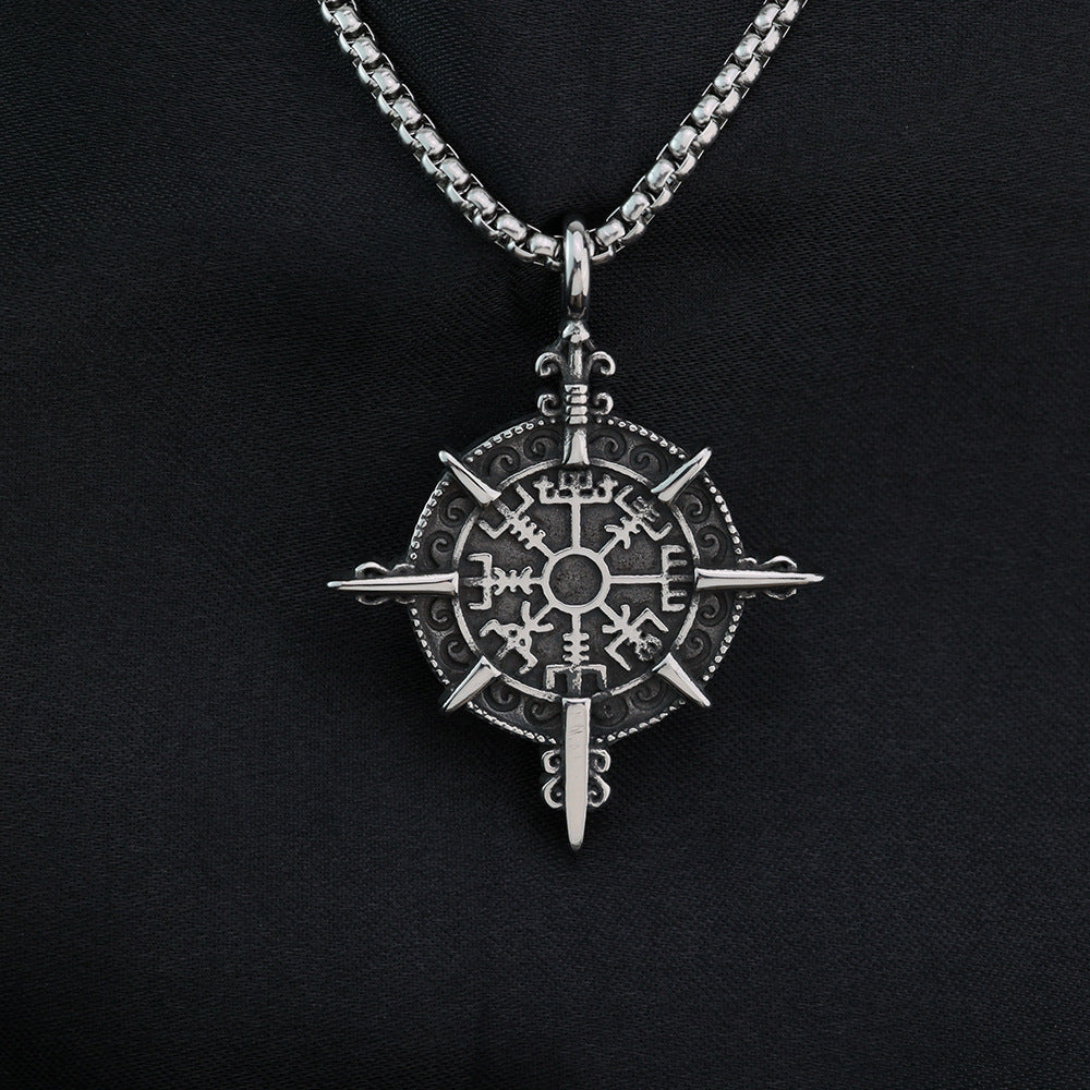 Vintage Nordic Men's Stainless Steel Viking Compass Pendant