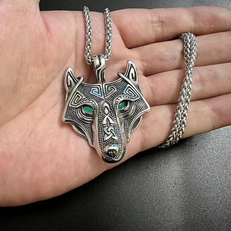 Planderful Everyday Genie Wolf Head Pendant Necklace Stainless Steel Green Eyes Nordic Viking Celtic For Men