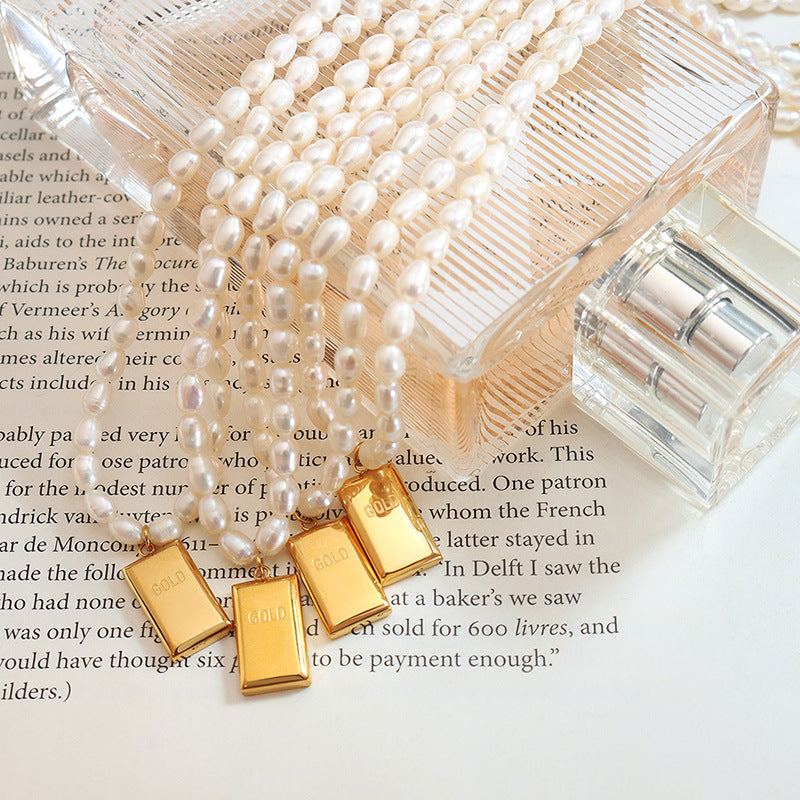 French Style Freshwater Pearl Necklace with Gold Brick Pendant