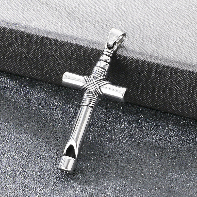 Breath Whistle Can Blow Decompression Pendant, Smear Ghost Head Cross Stainless Steel Necklace