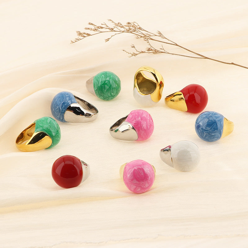 Color Enamel Drip Glaze Titanium Steel Ring, French Fashionable