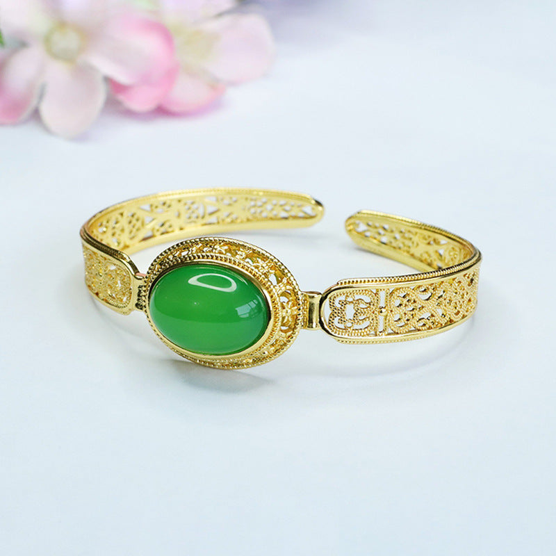 Green Chalcedony Sterling Silver Bracelet with Golden Clasp