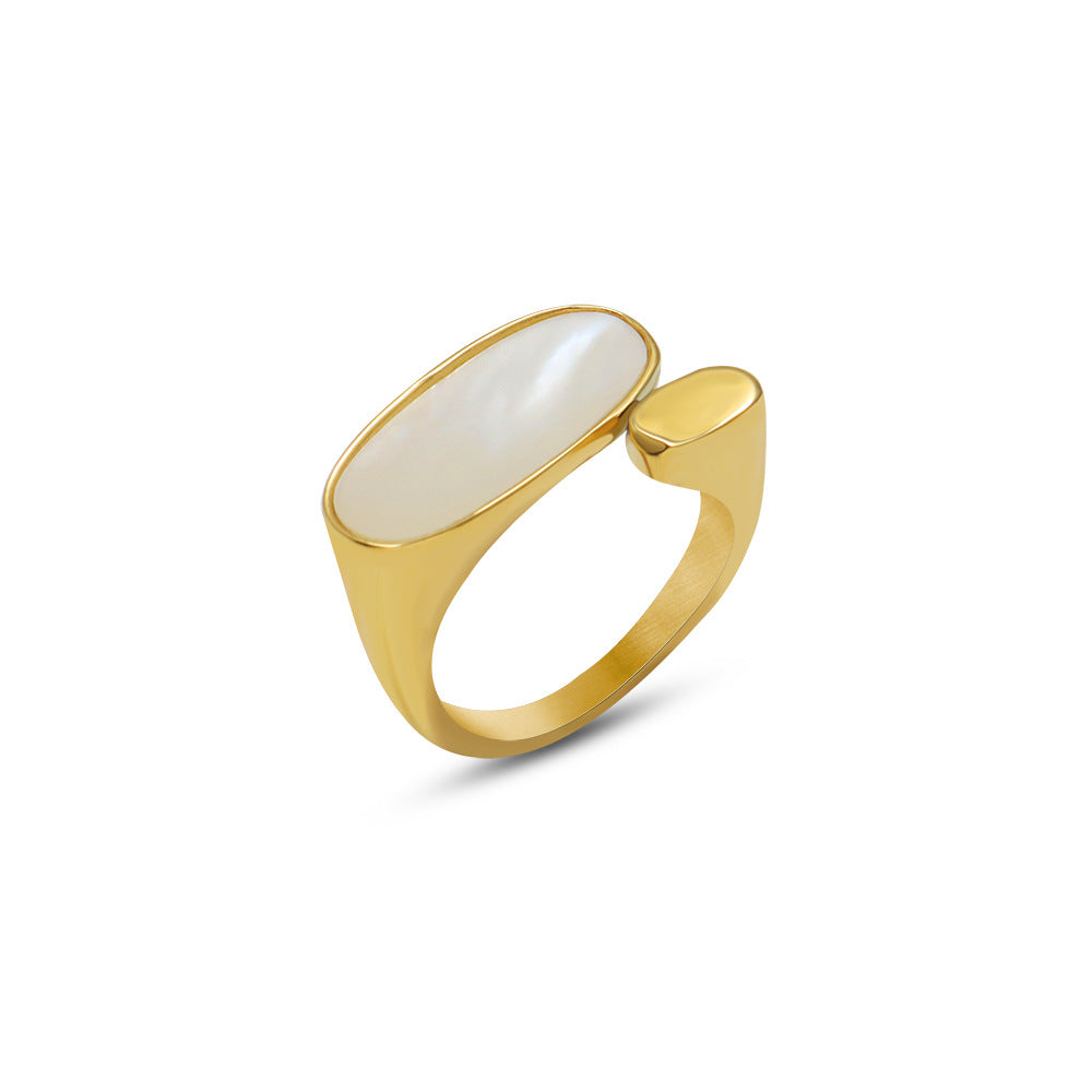 Elegant Mother of Pearl Oval Ring in Gold Plated Titanium Steel