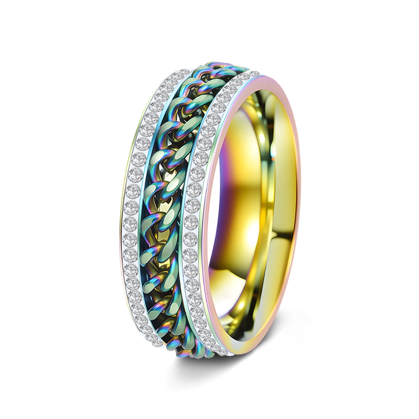 Planderful Everyday Genie Stainless Steel Rotatable Chain Double Row Zircon Couple Ring For Unisex