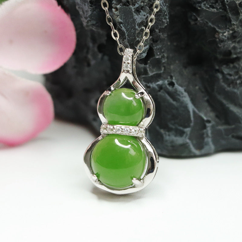 Hotan Jade and Russian Jasper Gourd Necklace with Sterling Silver Inlay