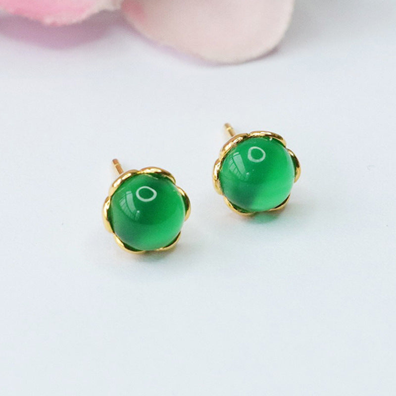 Green and Red Agate Sterling Silver Stud Earrings with Golden Petal Edge