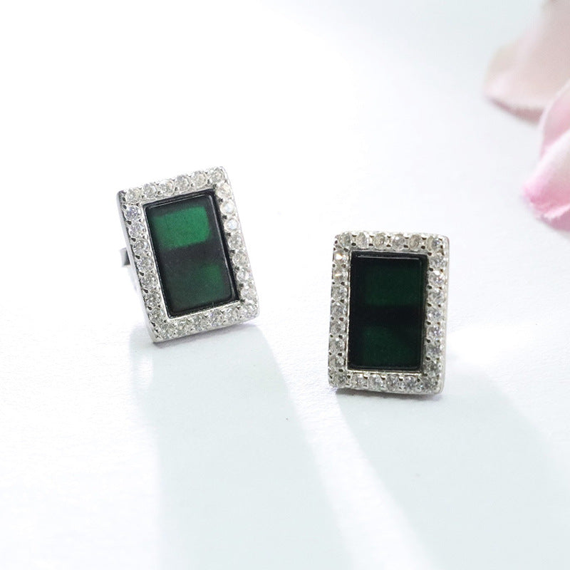 Dark Jadeite Square 925 Silver Stud Earrings