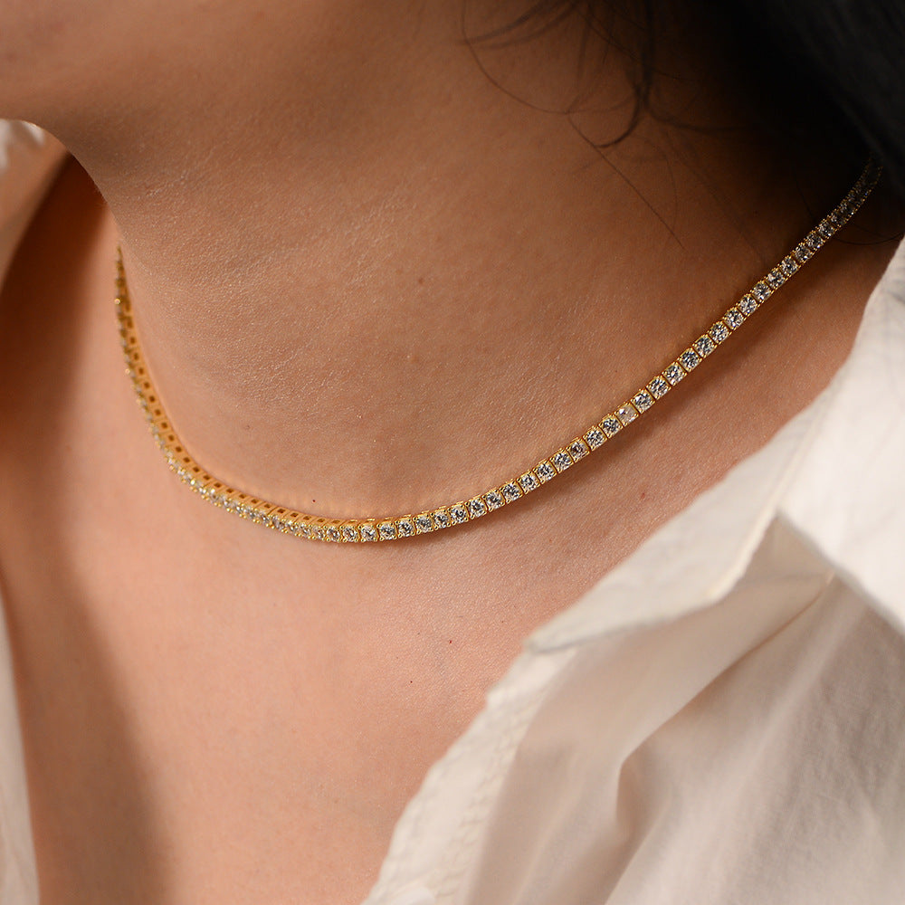 S925 Sterling Silver Gold-Plated Full Zircon Tennis Necklace Hip-Hop 2.5mm Single-Row