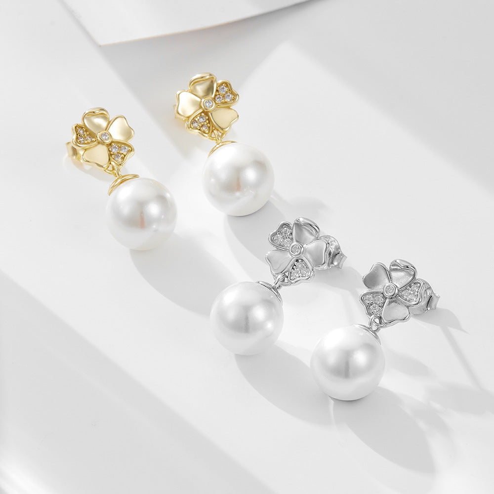 Pearl Earrings S925 Silver Inlaid Zircon Clover Flower Real Gold Electroplated Stud Earrings