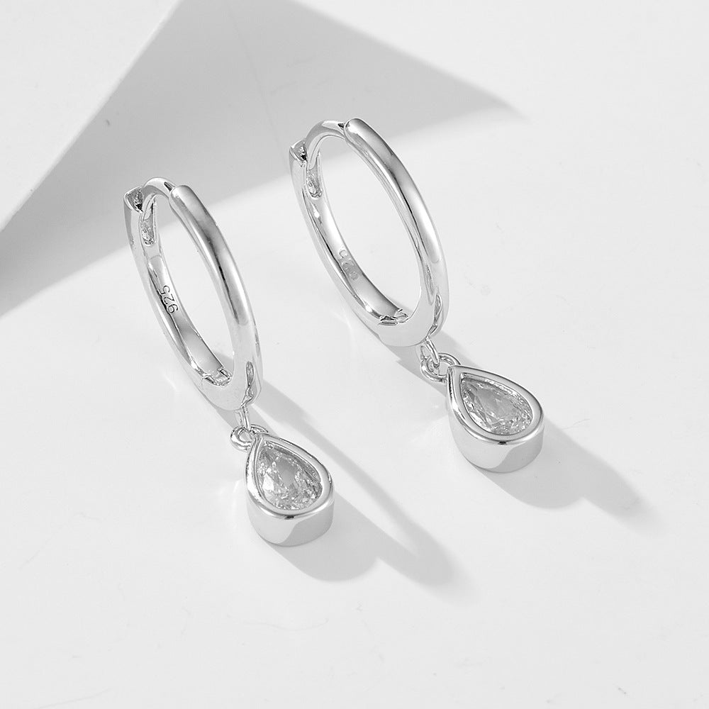 S925 Sterling Silver Drop-Shaped Zircon Earrings C-Shaped Ear Buckles Retro Classic Earrings