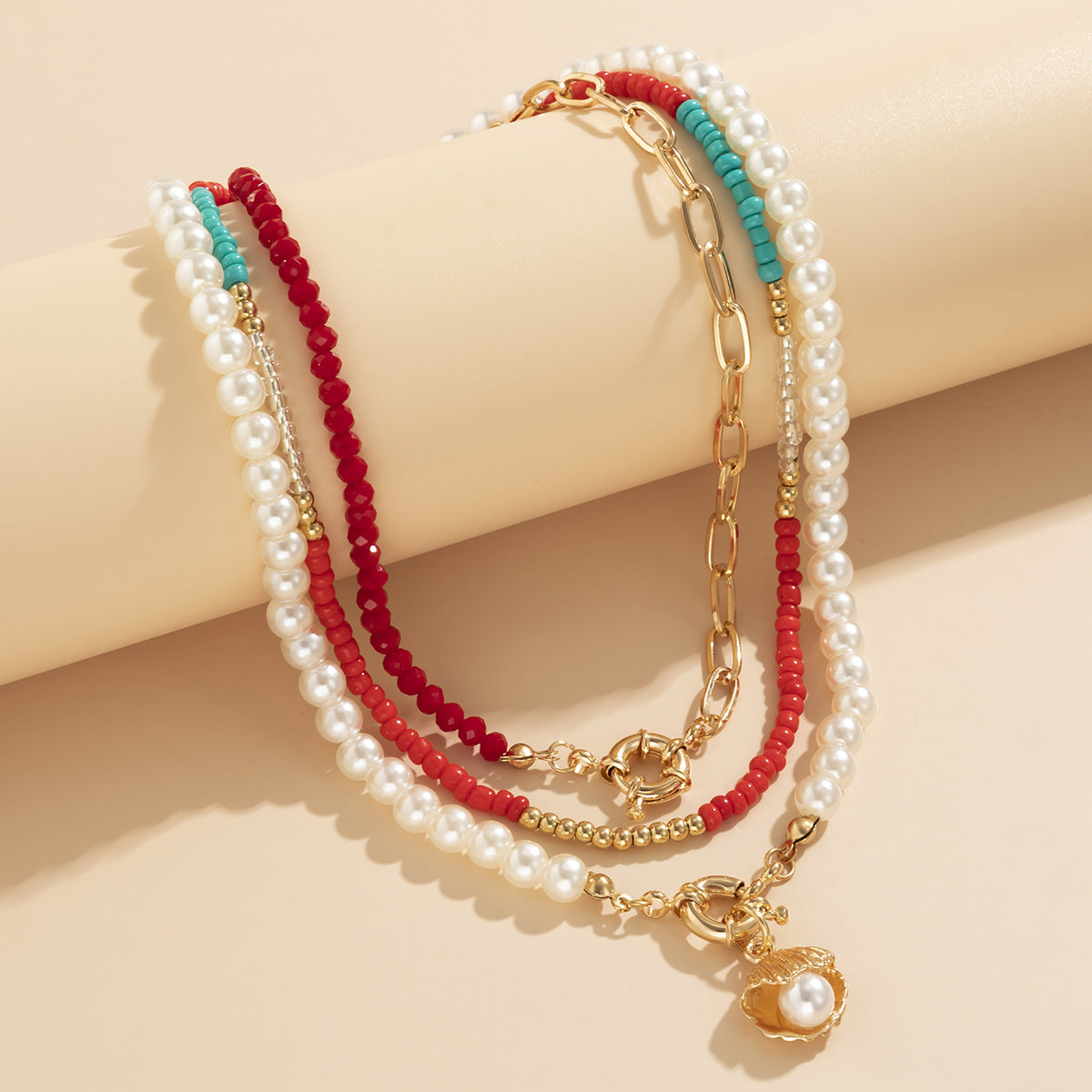 Planderful Vienna Verve Scallop Pendant Necklace For Women Bold Ethnic Style Rice Bead Imitation Pearl