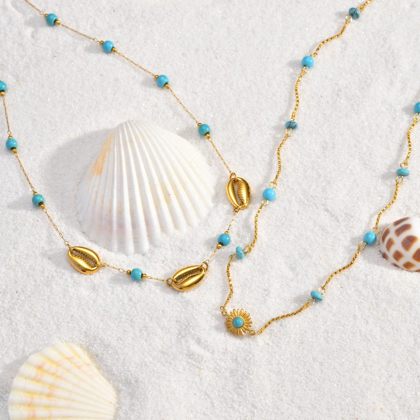 Stainless Steel Shell Turquoise Beads Stacked Women's Neck Chain Necklace
