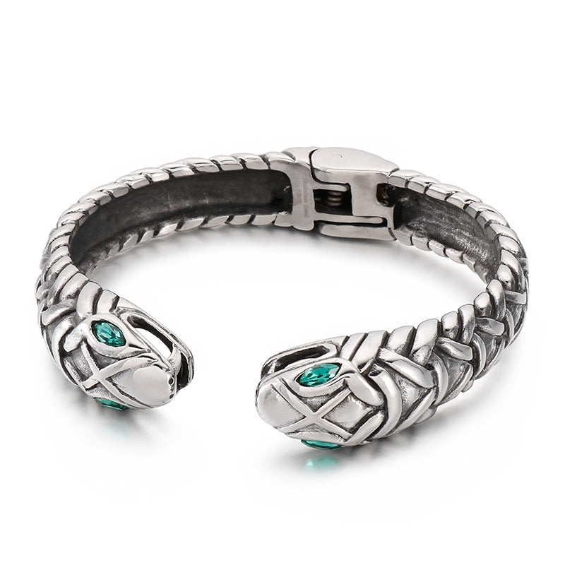 Rock Hip-Hop Zircon-Inlaid Double Snake Opening Titanium Steel Men's Bracelet