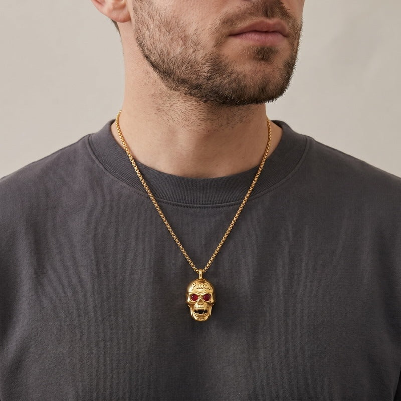 Punk Red Diamond Eye Skull Titanium Steel Pendant Halloween Vampire Head Men's Necklace