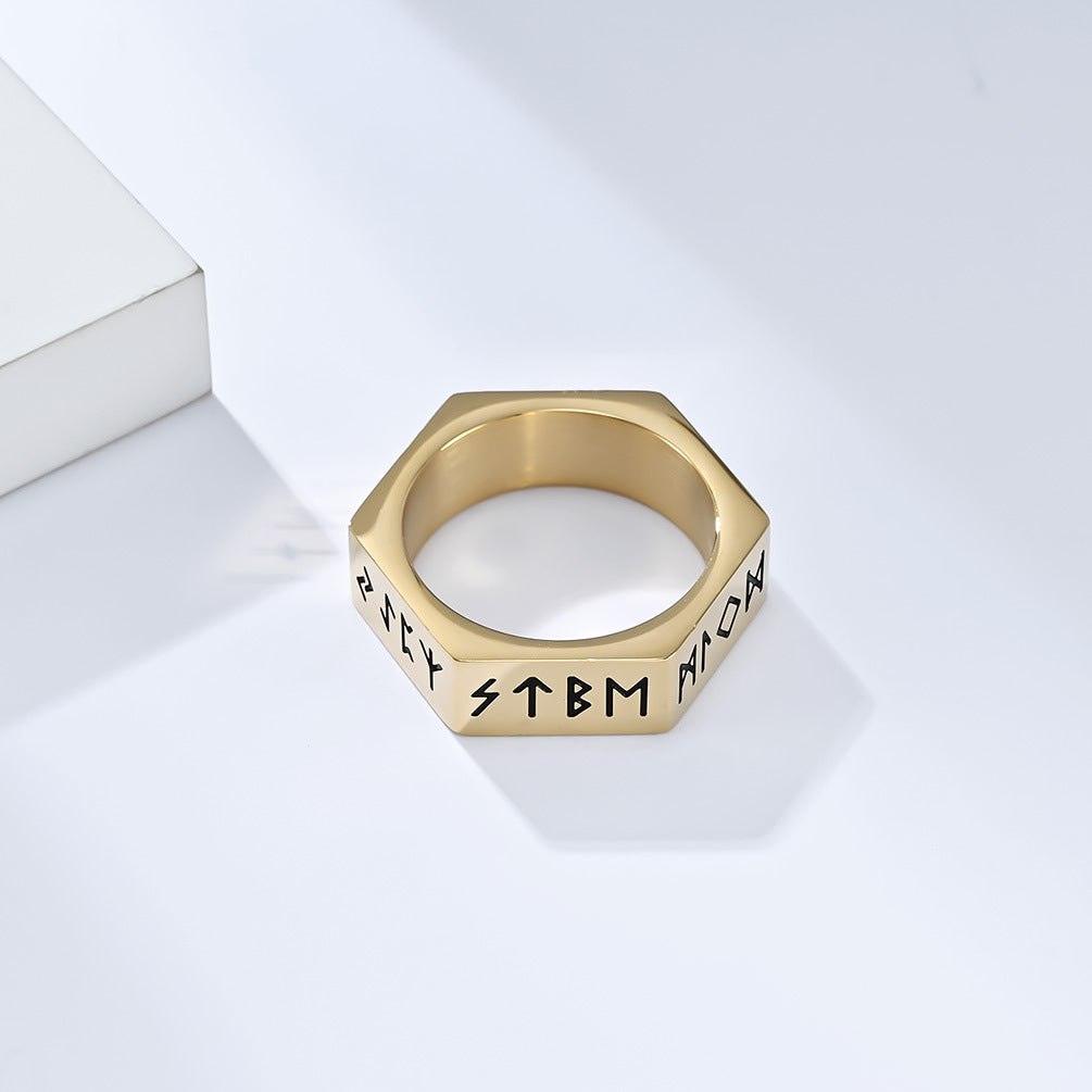 Planderful Everyday Genie Stainless Steel Ring With Hexagonal Niche And Pirate Viking Text For Hipster Vibe