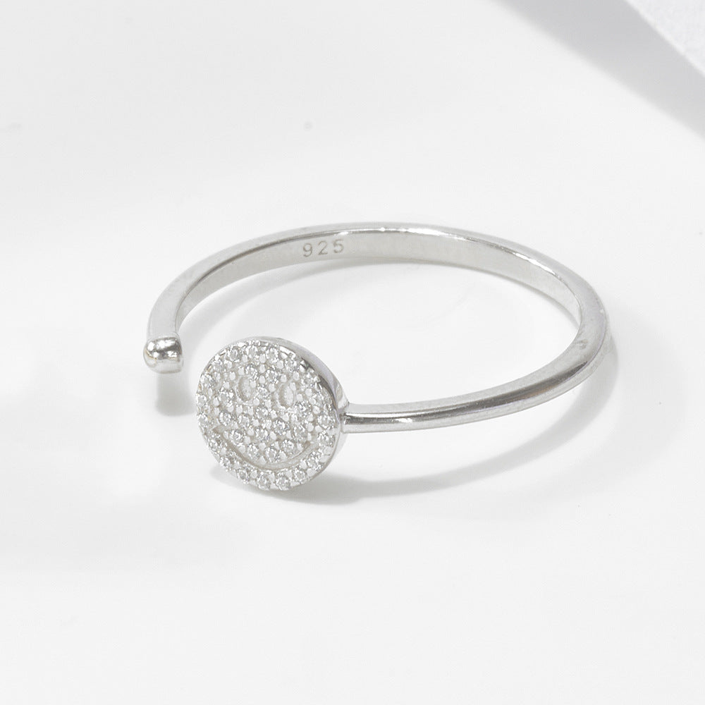 Europe And The United States For Micro-Inlaid Zircon Smiley Face Opening Sterling Silver Ring