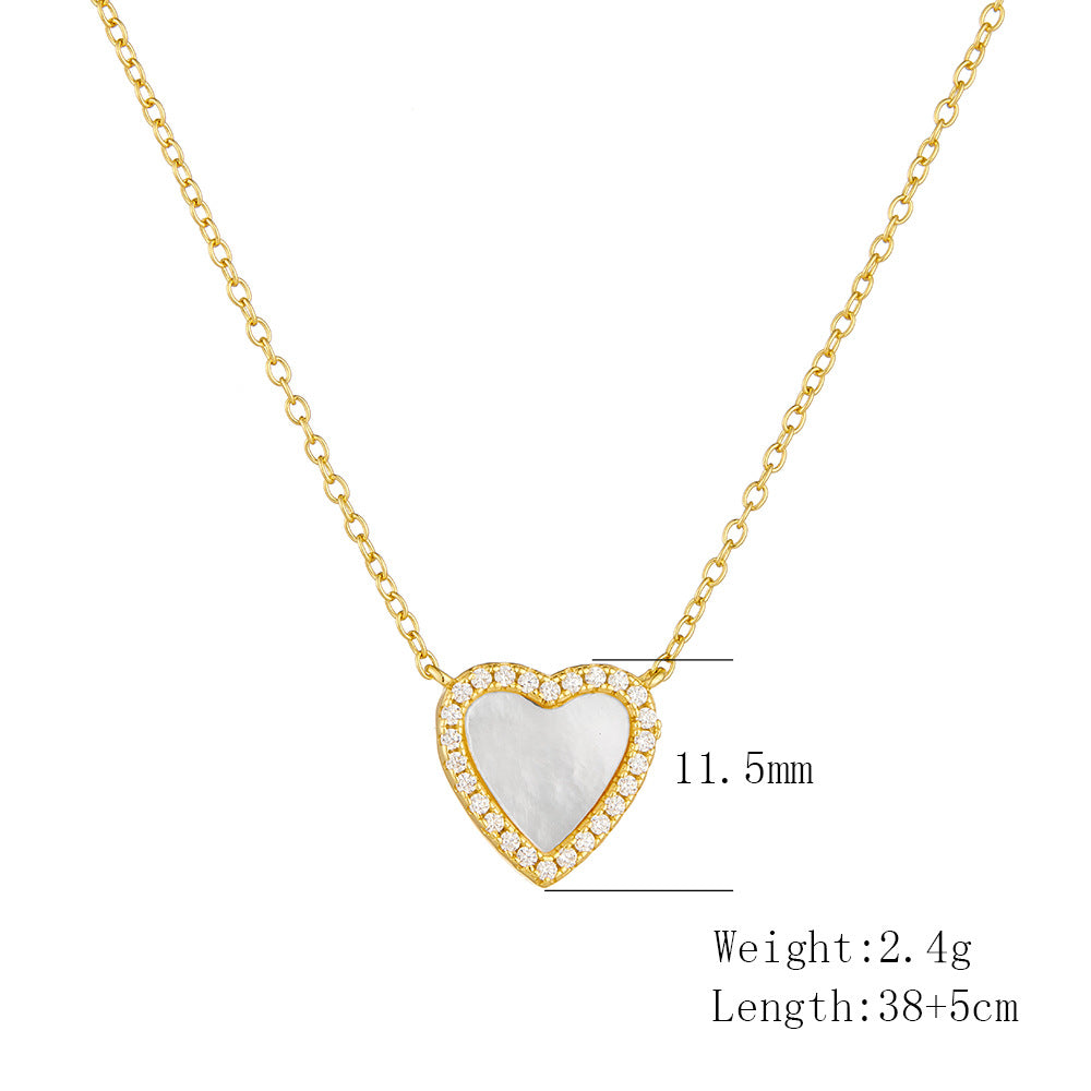 S925 Sterling Silver Love-Shaped Shell Pendant Necklace Inlaid Zircon