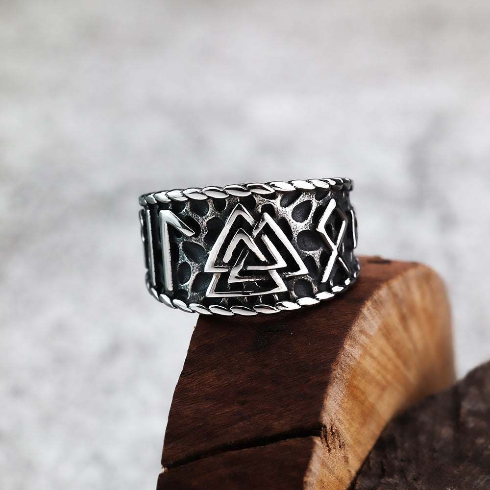 European and American Jewelry Wholesale Men's Titanium Steel Ring Rust-Free Viking Triangle Rune Design