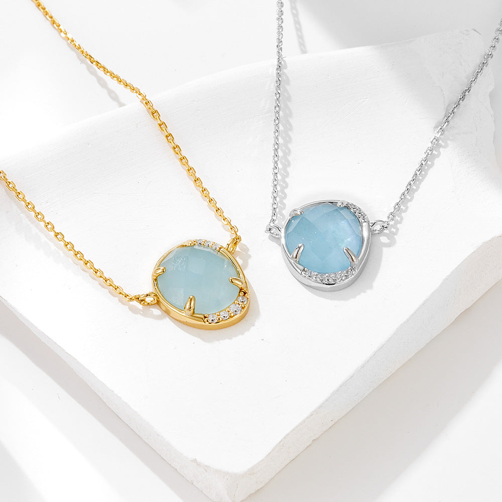 Oval Egg-Shaped Natural Sea Treasure Sapphire Pendant Sterling Silver Necklace High-End Clavicle Chain