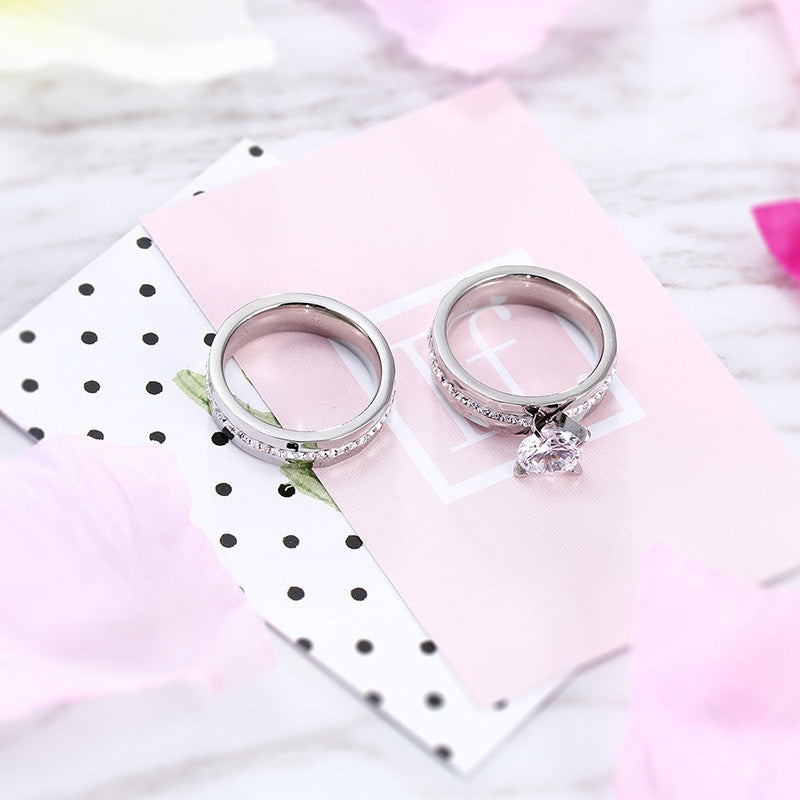 Hammer Texture Inlaid Zircon Titanium Steel Couple Ring, Stainless Steel Pair Ring Valentine's