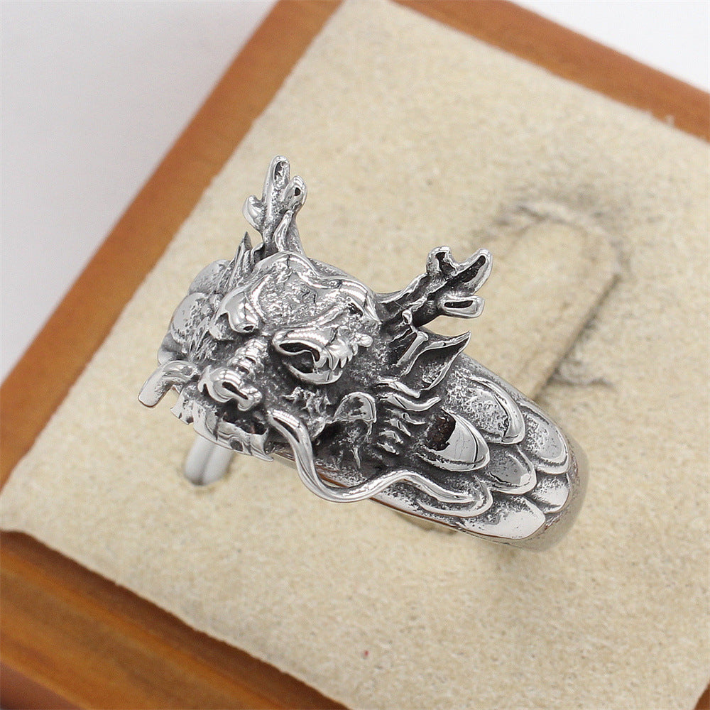 Planderful Dragon Head Titanium Ring For Men And Women Unisex Retro Chinese Style Statement Jewelry