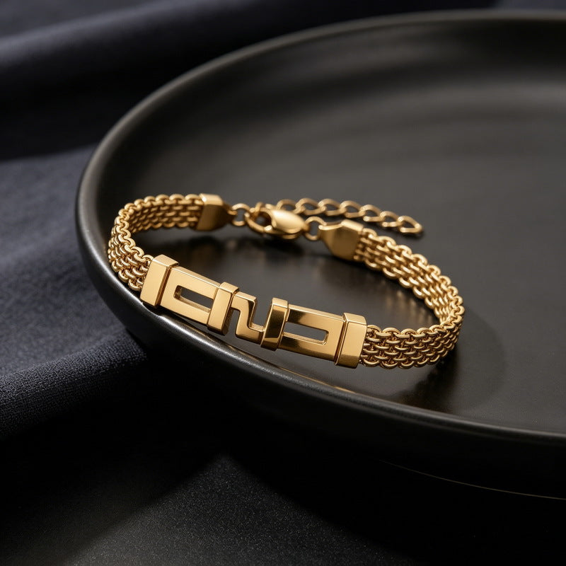 With Extension Chain Bracelet – Hip-Hop Back Pattern Labyrinth Curved Bar Mesh Chain