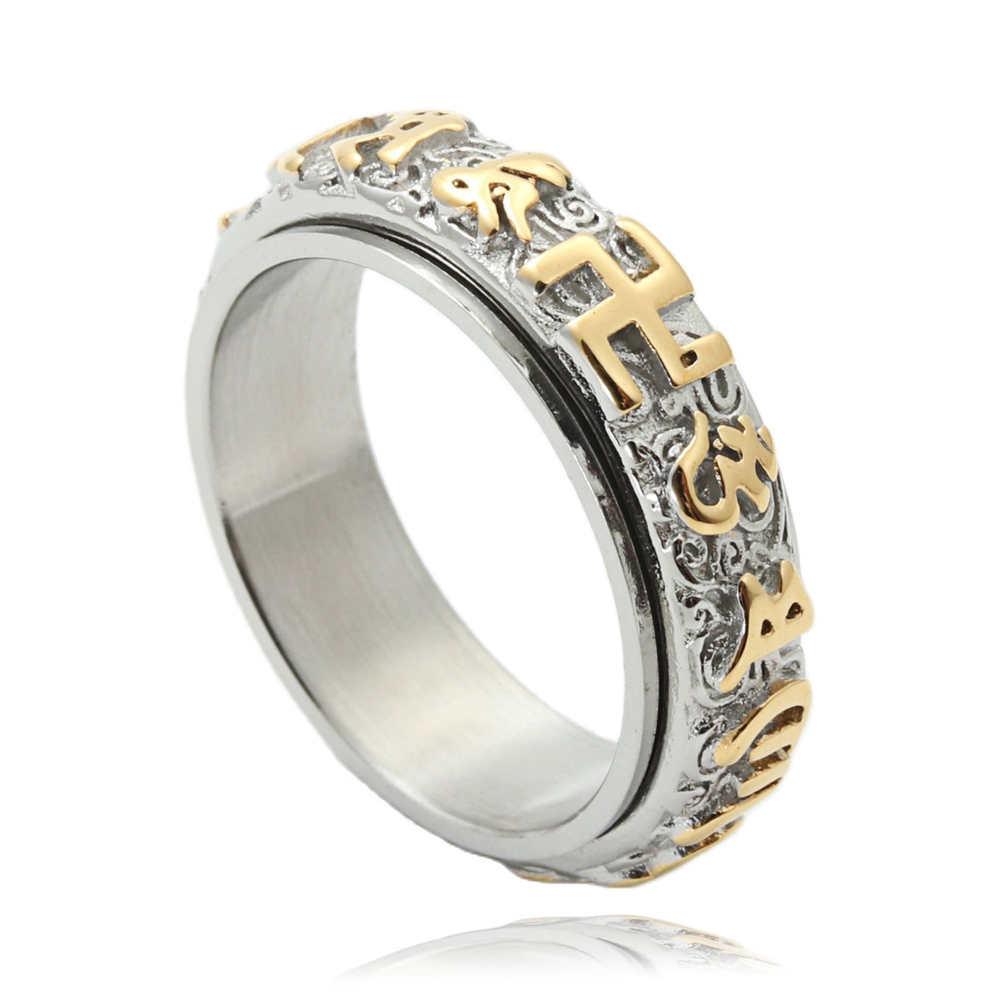 Titanium Steel Rotating Mantra Ring for Men - Retro Punk Style with Six Characters